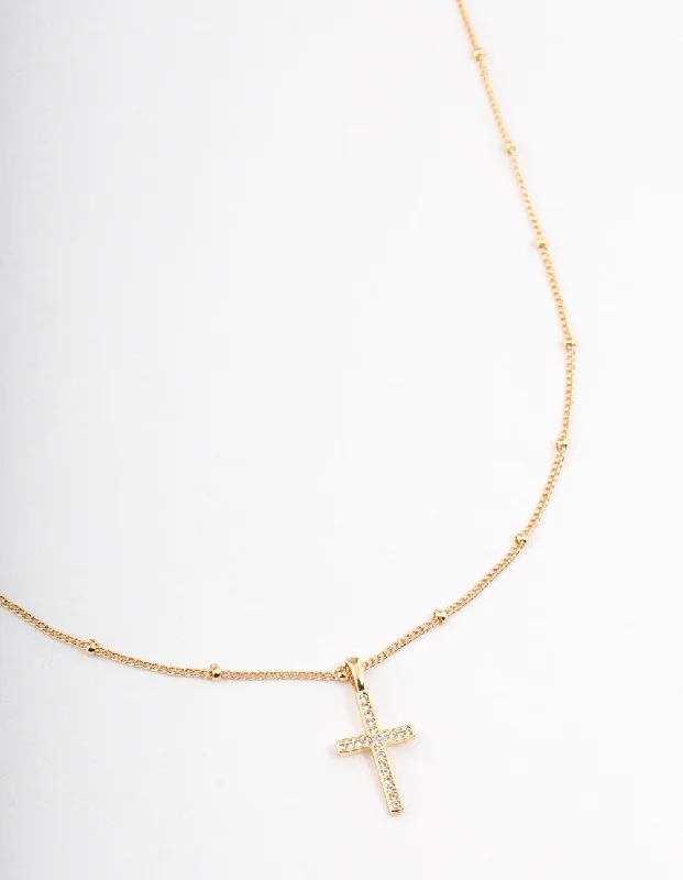 Gold Plated Brass Cubic Zirconia Paved Cross Necklace