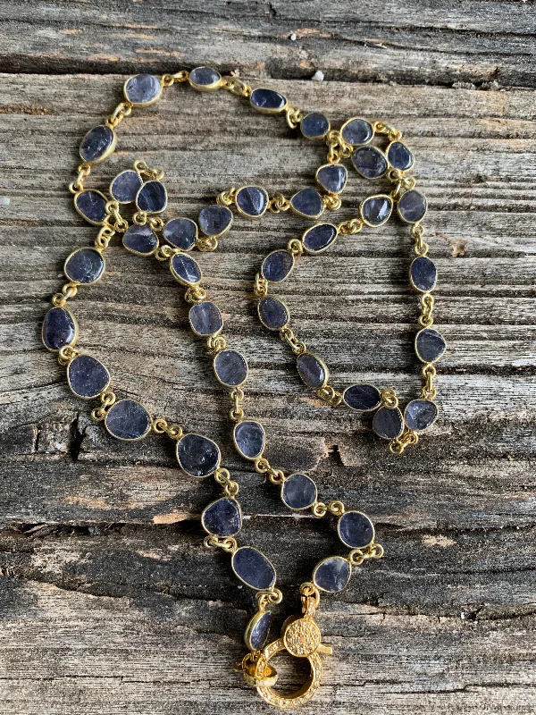 Iolite Bezel Necklace with Gold Pave Diamond Clasp