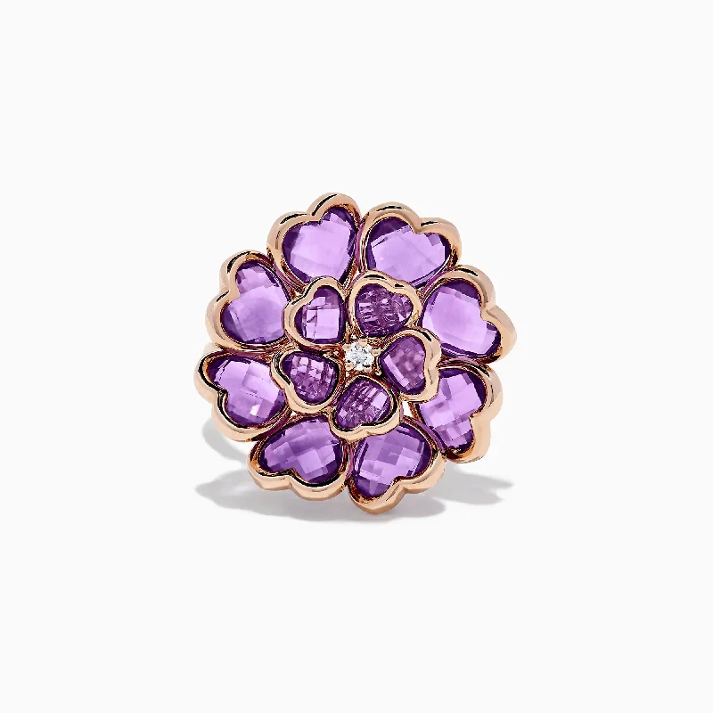 Nature 14K Rose Gold Amethyst and Diamond Flower Ring, 7.79 TCW