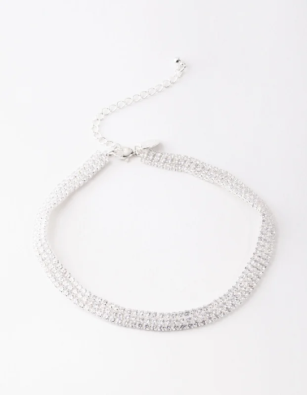 Silver Cubic Zirconia 3 Row Tennis Choker