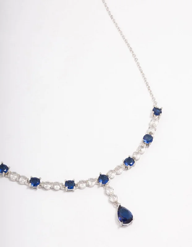 Silver Sapphire Stone Drop Necklace