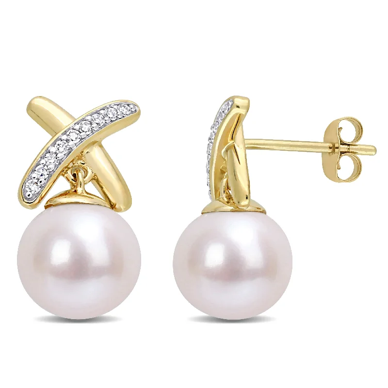 Miadora Cultured FW Pearl and 1/10ct TDW Diamond "X" Drop Earrings in 14k Yellow Gold (8.5-9mm)