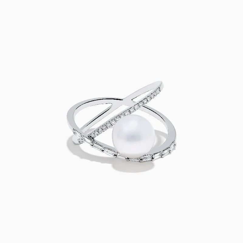 14K White Gold Fresh Water Pearl and Diamond Crossover Ring