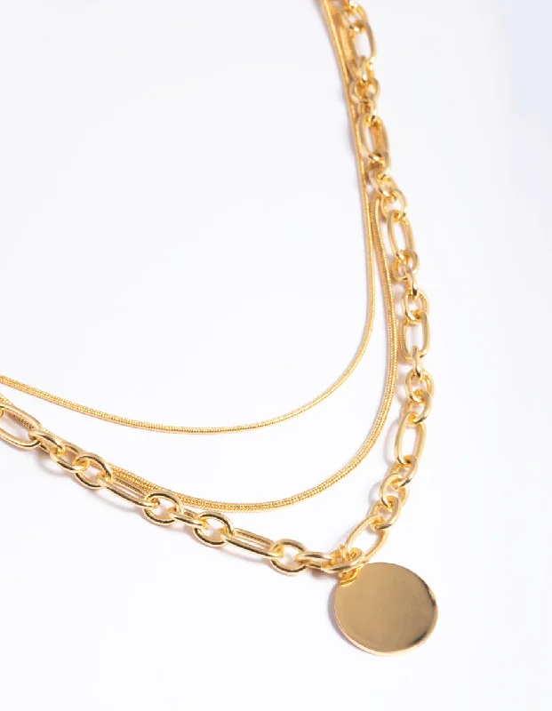 Waterproof Gold Plated Stainless Steel Oval Chunky Disc Layered Necklace