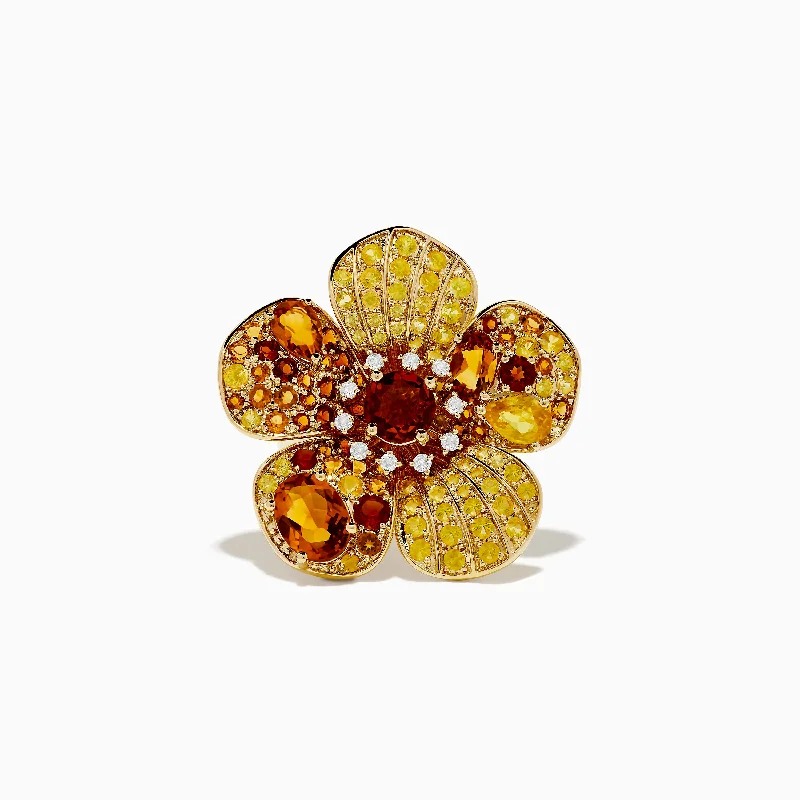 Nature 14K Yellow Gold Citrine, Yellow Sapphire and Diamond Flower Ring