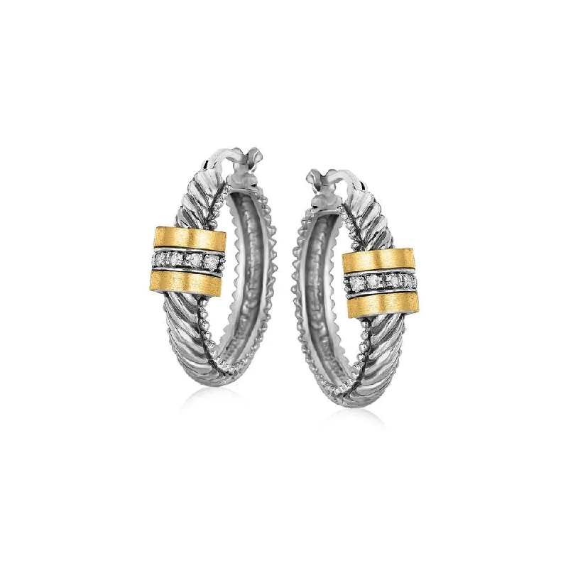 18k Yellow Gold and Sterling Silver Diamond Italian Cable Style Hoop Earrings