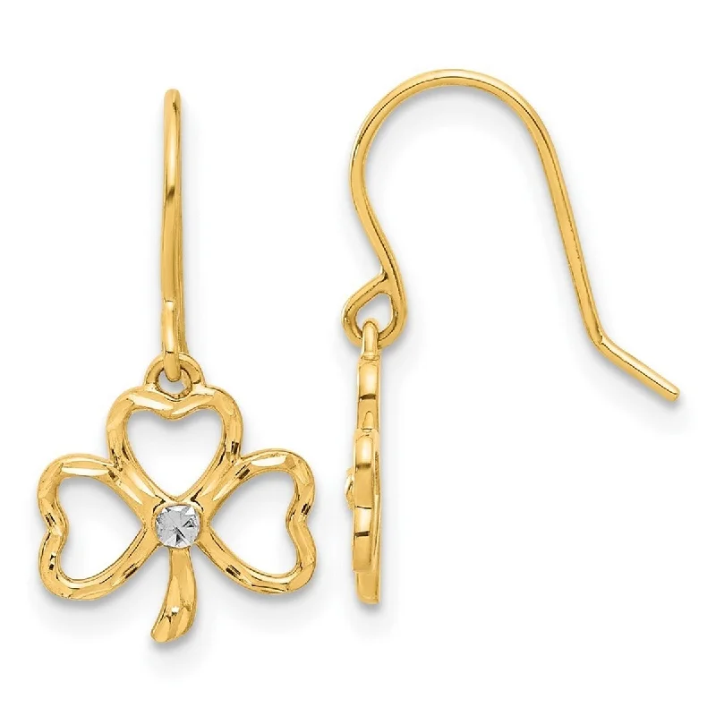 Curata 14k Yellow Gold White Rhodium Sparkle Cut Clover Guardian Angel Earrings - 20x10.5mm