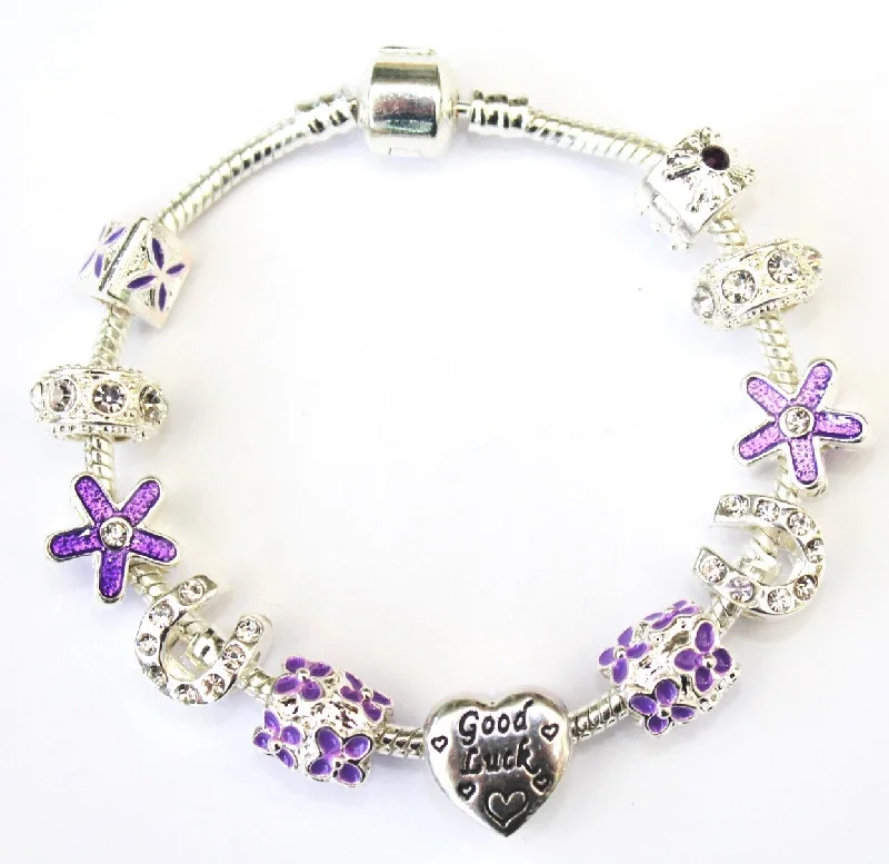 Adult's 'Purple Flower Good Luck' Silver Plated Charm Bracelet