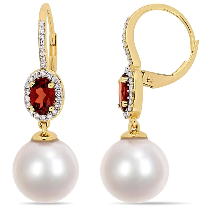 Miadora 10k Yellow Gold Cultured Freshwater Pearl 1/4ct TDW Diamond Garnet Drop Earrings (11-12mm)