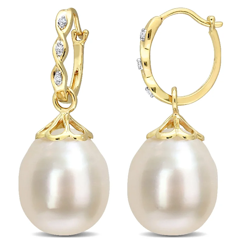 Miadora 9-9.5mm South Sea Cultured Pearl and Diamond Accent Drop Earrings in 14k Yellow Gold