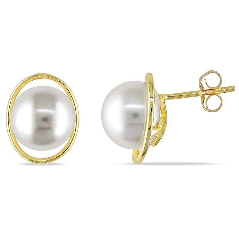 Miadora 10k Yellow Gold Cultured Freshwater White Pearl Stud Earrings (9.5-10 mm)