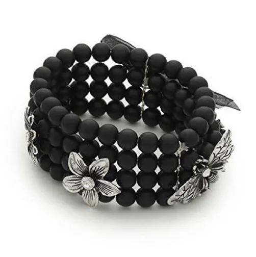 Designer Inspired 'Midnight Fleur' Black & Silver Diamante Flower & Dragonfly Stretch Bracelet