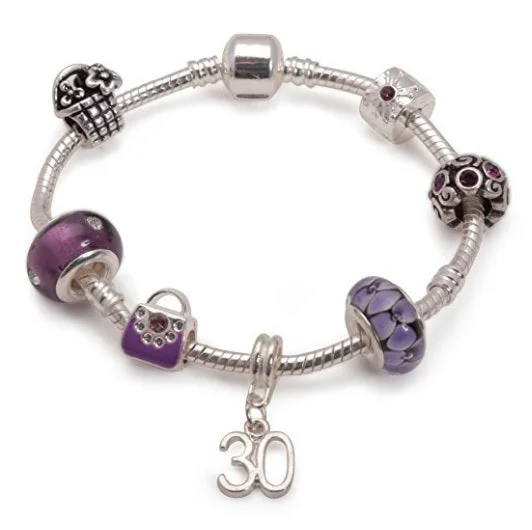 Age 30 'Purple Fleur' Silver Plated Charm Bead Bracelet