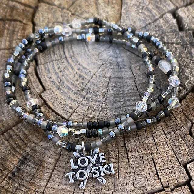 Love to ski charm stretch necklace or triple wrap bracelet