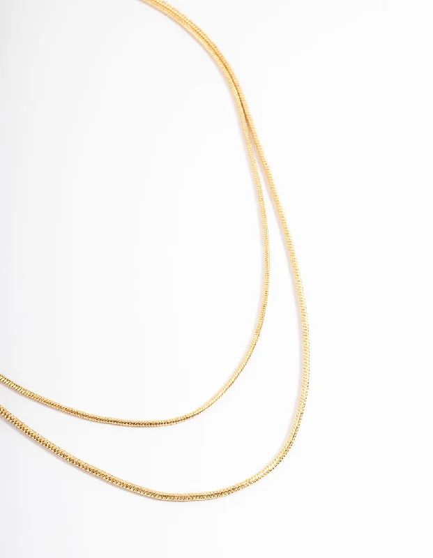 WWaterproof Gold Plated Stainless Steel Thin Herringbone Two Layered Necklace