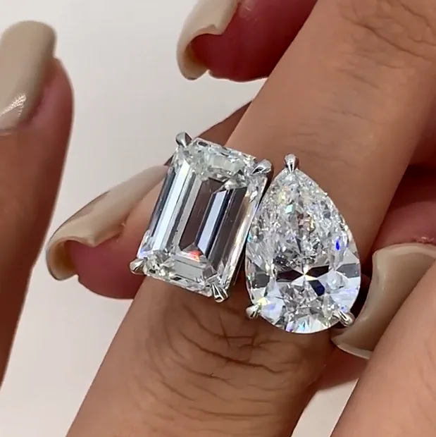 Unique Double-Stone Design Pear Cut & Emerald Cut Engagement Ring