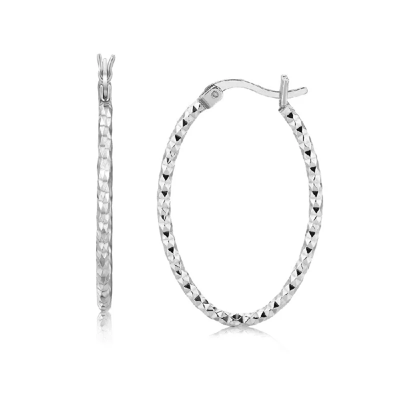 Sterling Silver Rhodium Plated Textured Diamond Cut Classic Hoop Earrings