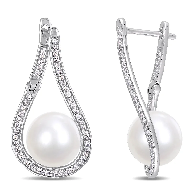 Miadora 9-9.5 mm Cultured Freshwater Pearl and 1/3 CT TW Diamond Tear Drop Earrings in 14k White Gold