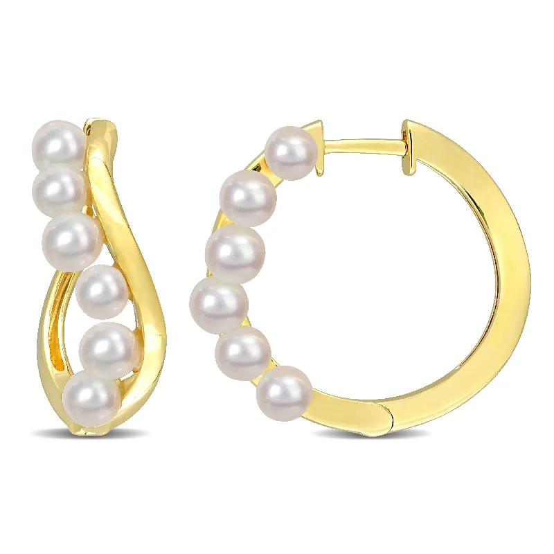 Miadora 3.5-4mm Cultured Freshwater Pearl Hoop Earrings in Yellow Silver