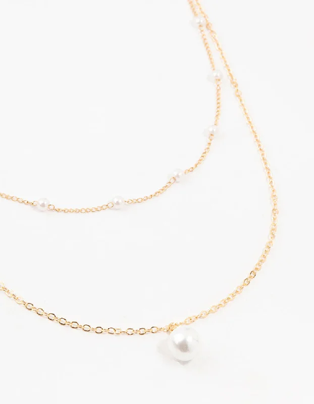 Gold Station Pearl Pendant Layered Necklace