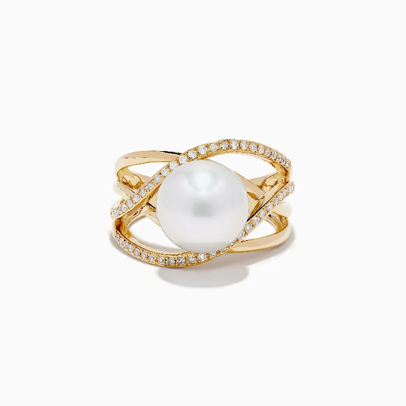 14K Yellow Gold Cultured Fresh Water Pearl and Diamond Crossover Ring